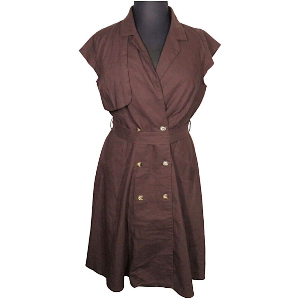 City Chic Women's Brown Linen Blend Button Front Belted Dress Plus Size 18 - Picture 1 of 12